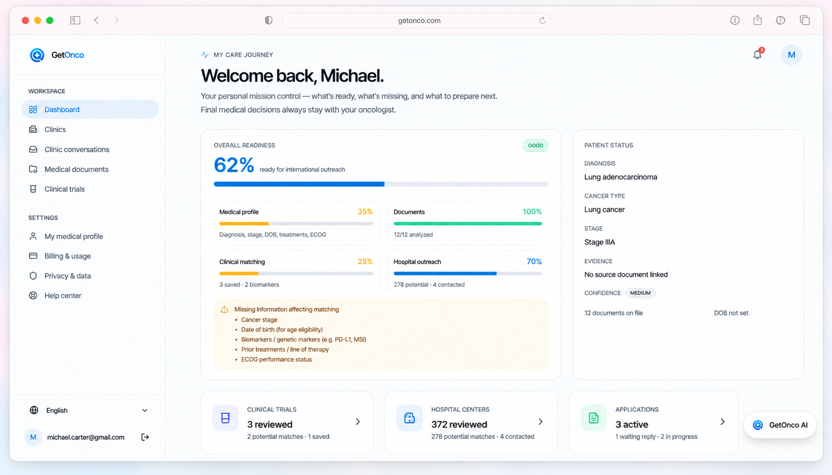 GetOnco dashboard with medical profile readiness