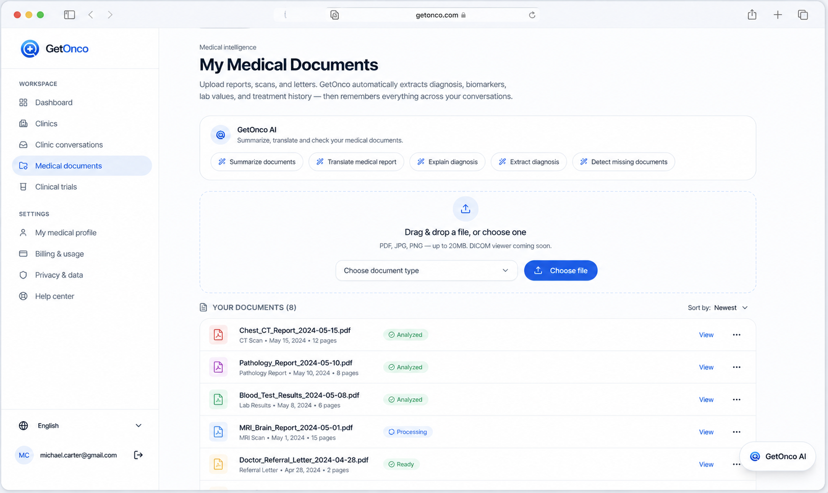 GetOnco medical documents page